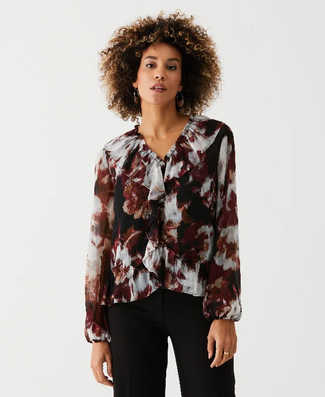 Petite Printed V-Neck Ruffle Blouse Balloon Sleeve Blouse