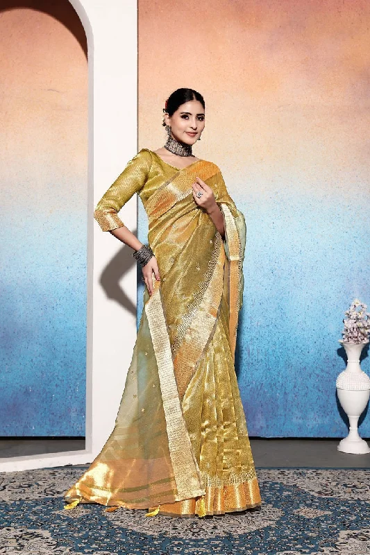 NOZ2TOZ Women's Party Wear Tissue Cotton Silk Saree With Unstitched Blouse - Yellow Modern Oversized Blouse NOZ2TOZ Women's Party Wear Tissue Cotton Silk Saree With Unstitched Blouse - Yellow Modern Oversized Blouse