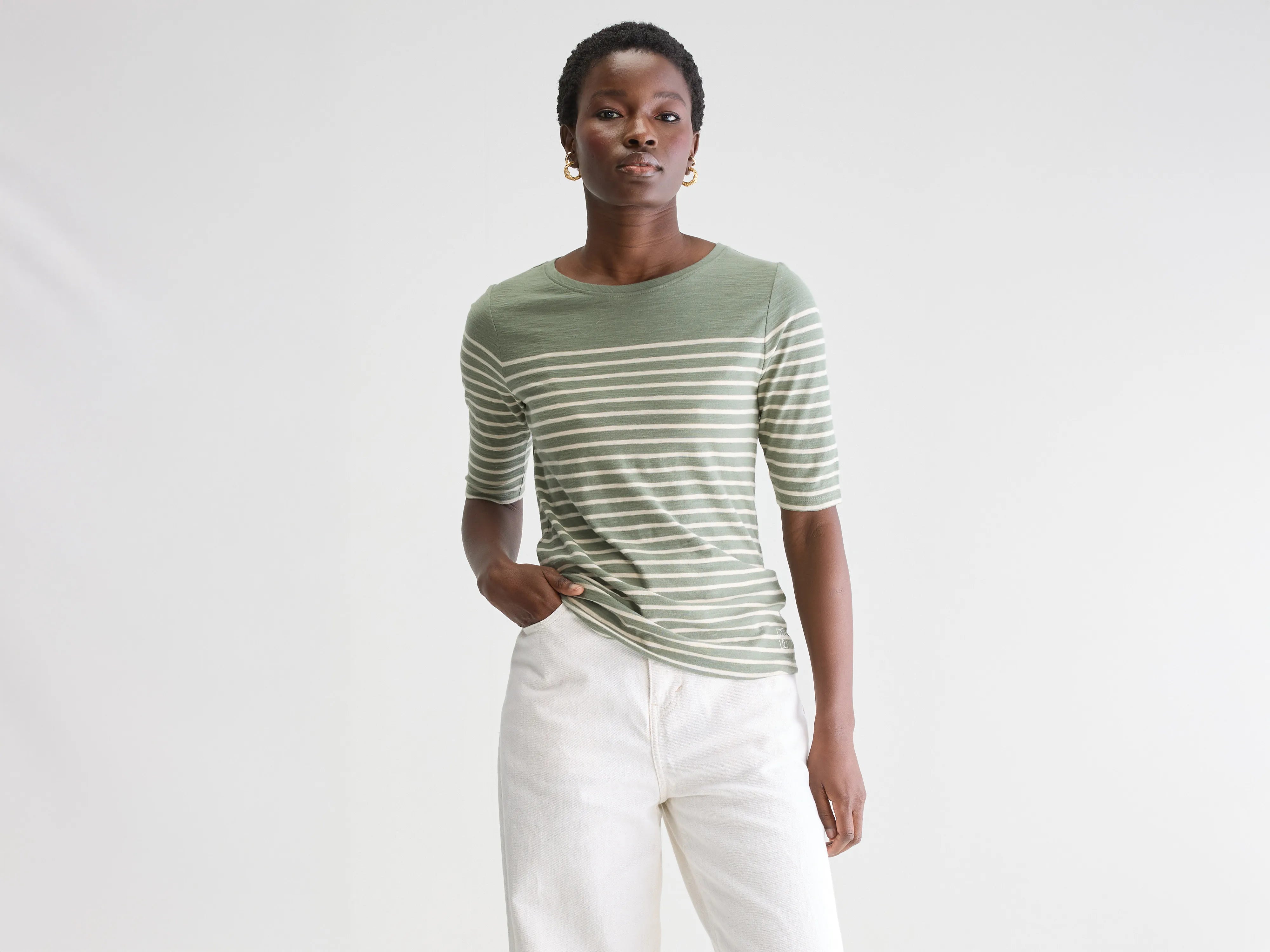 Mias slim t-shirt (251 / W / STRIPE B)-- Front Pockets Side Pockets Patch Pockets