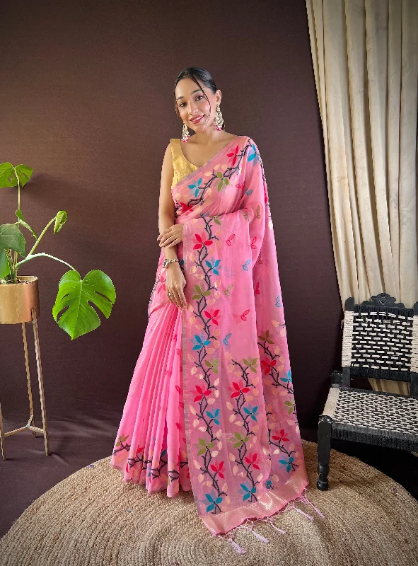 NOZ2TOZ Women's Party Wear Handloom Weaving Work Soft Cotton Saree With Unstitched Blouse - Pink Delicate Bow Blouse NOZ2TOZ Women's Party Wear Handloom Weaving Work Soft Cotton Saree With Unstitched Blouse - Pink Delicate Bow Blouse