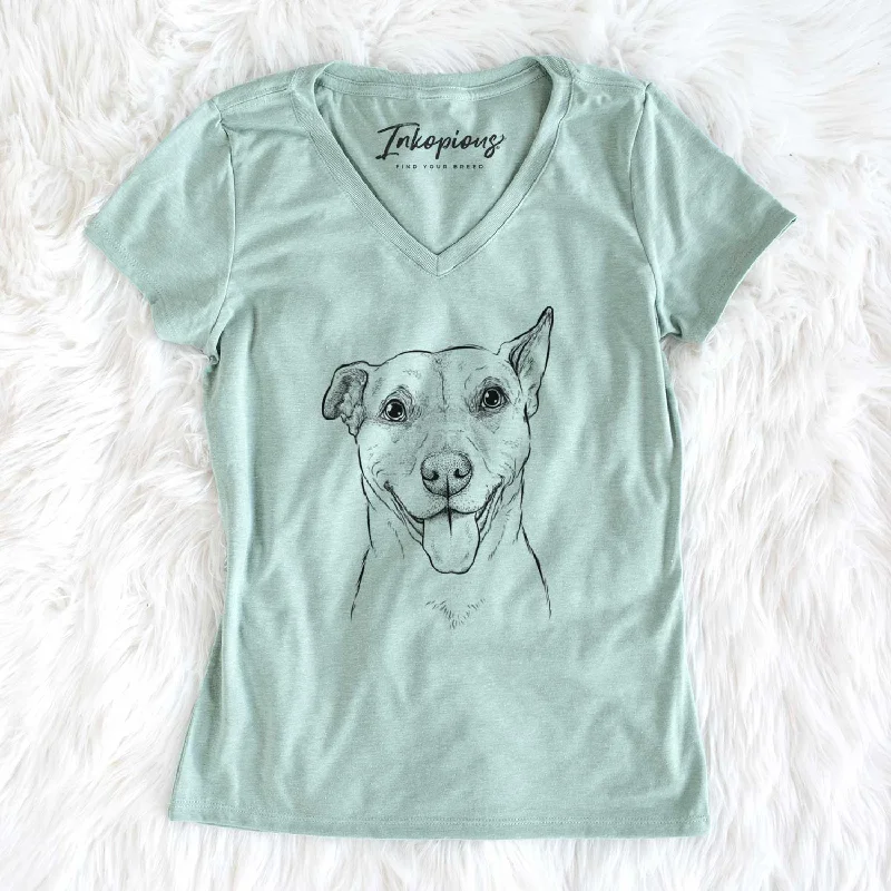 Bare Annie Belle the Pitbull Mix - Women's V-neck Shirt-- Welt Pockets Slit Pockets