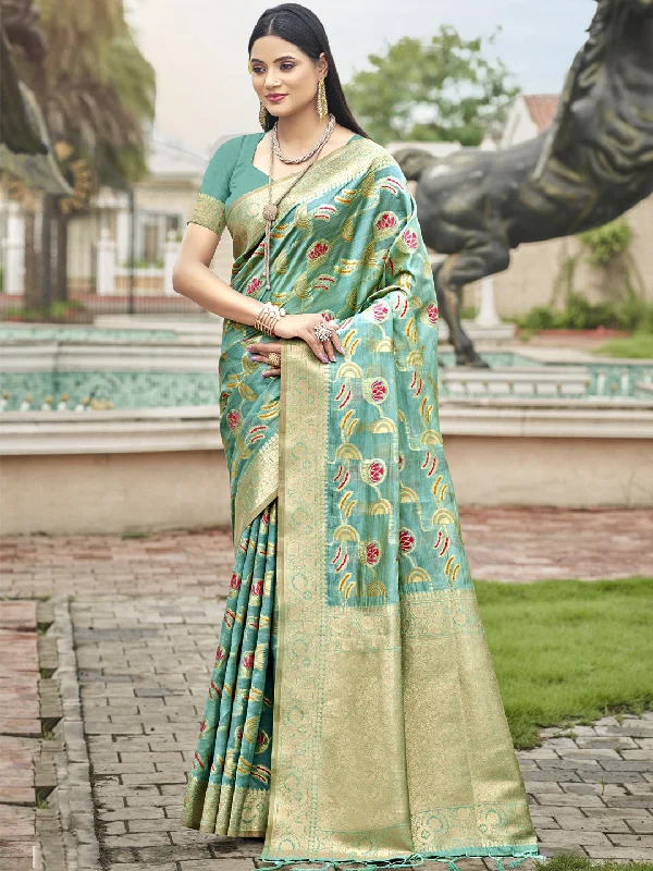 Women Teal Blue Organza Saree With Un Stitched Blouse - Aanika Relaxed Fit Blouse