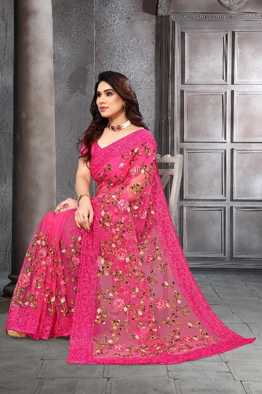 NOZ2TOZ Women's Party Wear Embroidery Worked Soft Net Saree With Unstitched Blouse - Pink Peter Pan Blouse NOZ2TOZ Women's Party Wear Embroidery Worked Soft Net Saree With Unstitched Blouse - Pink Peter Pan Blouse