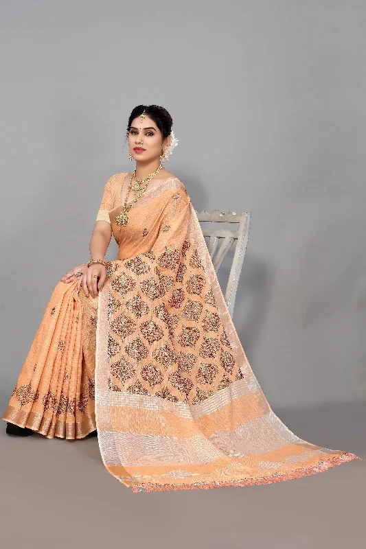 NOZ2TOZ Women's Party Wear Full Embroidery Worked Cotton Silk Saree With Unstitched Blouse - Orange Versatile Layering Blouse NOZ2TOZ Women's Party Wear Full Embroidery Worked Cotton Silk Saree With Unstitched Blouse - Orange Versatile Layering Blouse