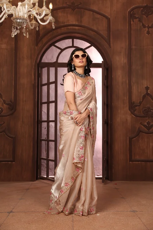 NOZ2TOZ Women's Party Wear Double Sequence Embroidery Worked Jimmy Choo Silk Saree With Unstitched Blouse - Peach Relaxed Fit Blouse NOZ2TOZ Women's Party Wear Double Sequence Embroidery Worked Jimmy Choo Silk Saree With Unstitched Blouse - Peach Relaxed Fit Blouse