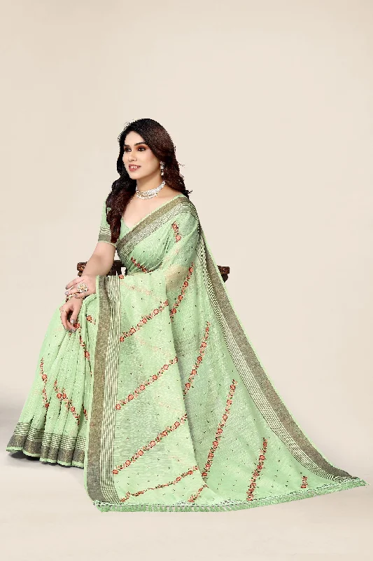 NOZ2TOZ Women's Party Wear Full Embroidery Worked Cotton Saree With Unstitched Blouse - Pista Green Elegant Embroidery Blouse NOZ2TOZ Women's Party Wear Full Embroidery Worked Cotton Saree With Unstitched Blouse - Pista Green Elegant Embroidery Blouse