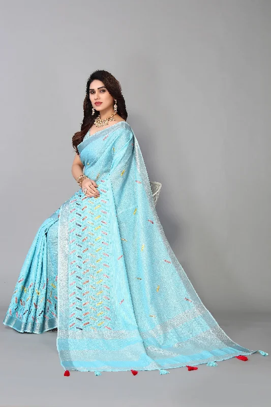 NOZ2TOZ Women's Party Wear Thread Embroidered Linen Cotton Saree With Unstitched Blouse - Sky-blue Chic Square Blouse NOZ2TOZ Women's Party Wear Thread Embroidered Linen Cotton Saree With Unstitched Blouse - Sky-blue Chic Square Blouse