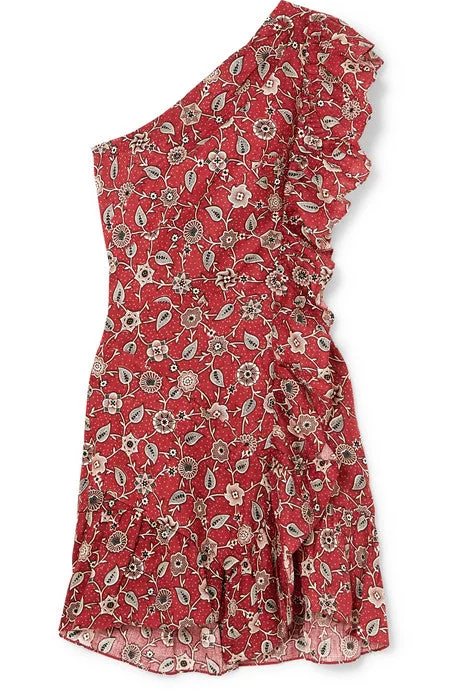 Teller one-shoulder ruffled printed linen mini dress Comfortable Bodycon Mini Dress