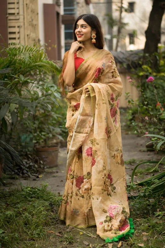 Sonakshi Beige Digital Printed Munnar Slub Designer Saree with Blouse Gathered Detail Blouse Sonakshi Beige Digital Printed Munnar Slub Designer Saree with Blouse Gathered Detail Blouse