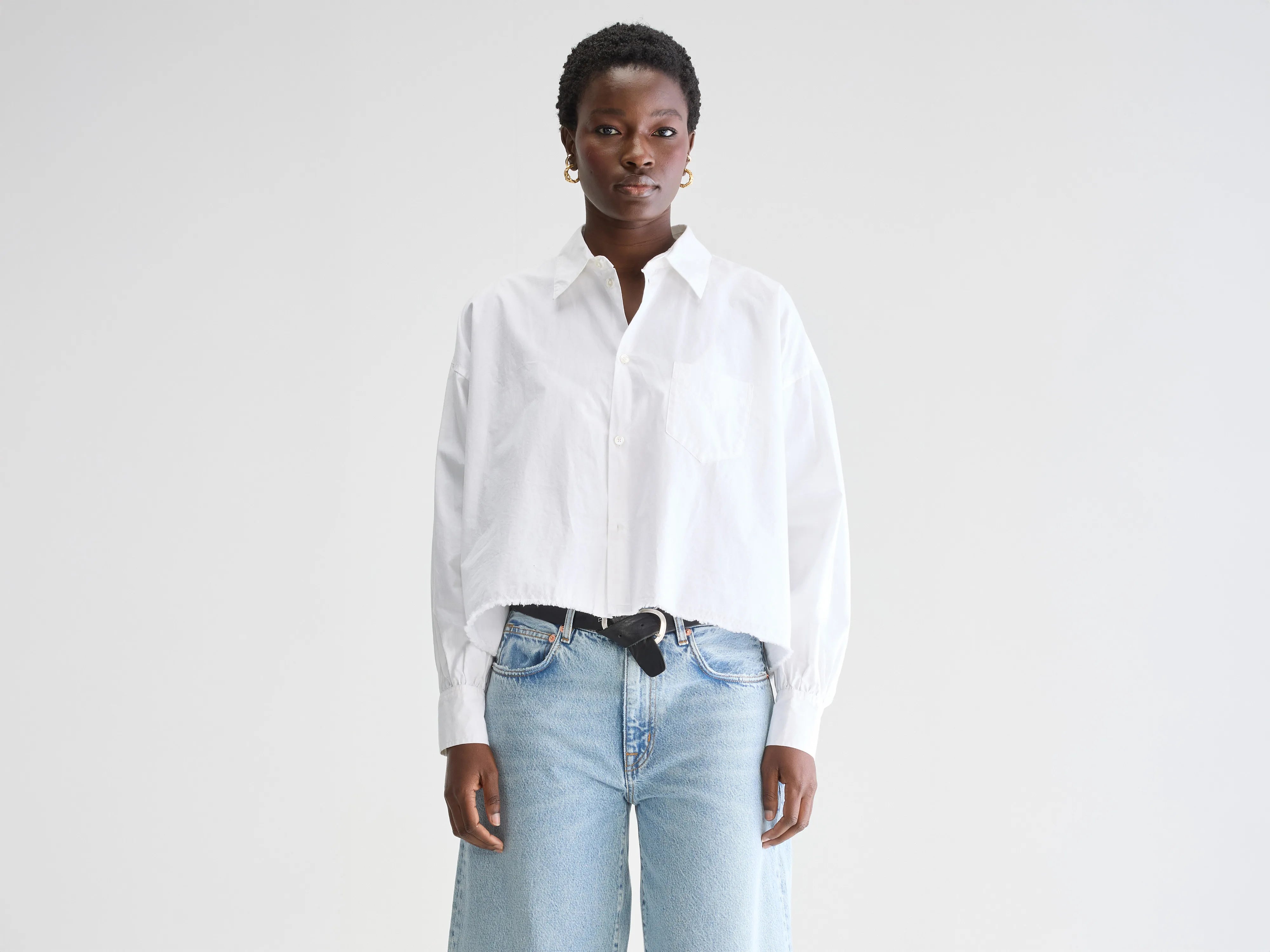 Kraft cropped poplin shirt (251 / W / WHITE)-- Welt Pockets Slit Pockets