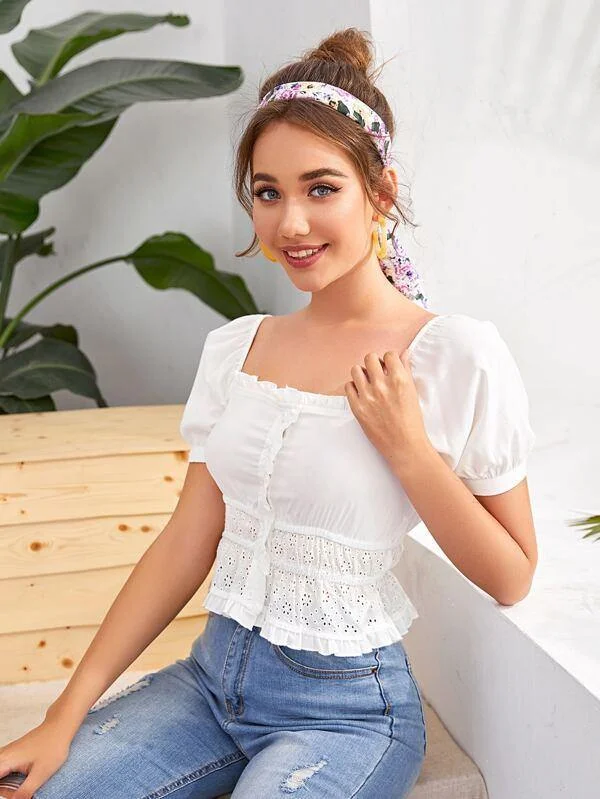 Eyelet Embroidery Frill Trim Milkmaid Blouse Feminine Tie Blouse