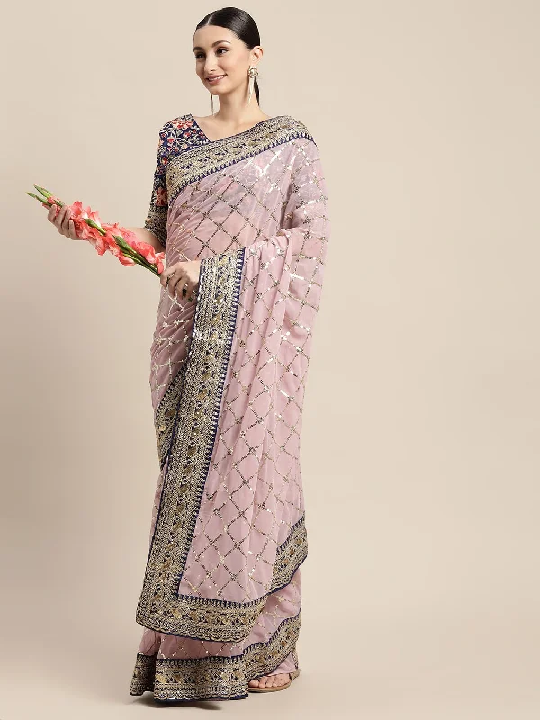 NOZ2TOZ Women's Party Wear Sequence Embroidery Worked Georgette Saree With Unstitched Blouse - Pink Sweetheart Neck Blouse NOZ2TOZ Women's Party Wear Sequence Embroidery Worked Georgette Saree With Unstitched Blouse - Pink Sweetheart Neck Blouse