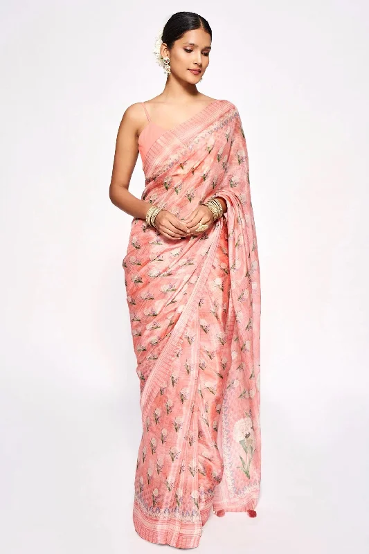 Sonakshi Pink Embroidery with Digital Printed Pure Chinon Designer Saree with Blouse Business Casual Blouse Sonakshi Pink Embroidery with Digital Printed Pure Chinon Designer Saree with Blouse Business Casual Blouse