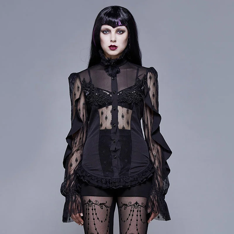 ESHT005 See through diamond pattern lace sexy ladies gothic chiffon blouse with beaded flower Balloon Sleeve Blouse