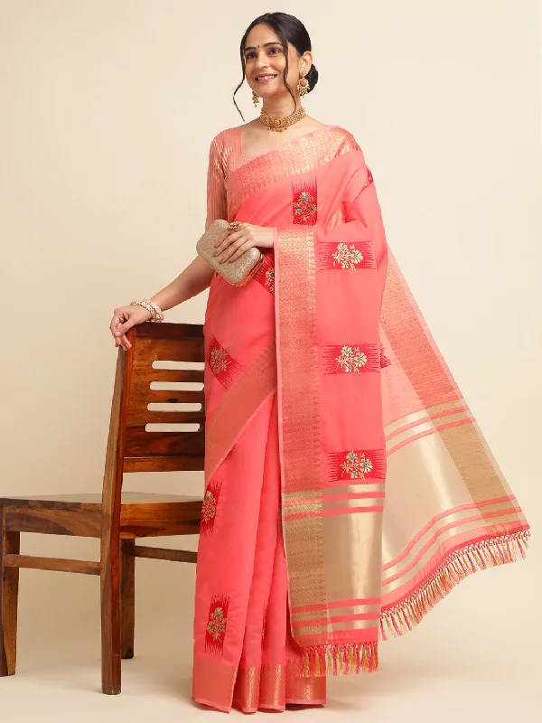 NOZ2TOZ Women's Party Wear Embroidery Worked Cotton Linen Saree With Unstitched Blouse - Red Drape Neck Blouse NOZ2TOZ Women's Party Wear Embroidery Worked Cotton Linen Saree With Unstitched Blouse - Red Drape Neck Blouse