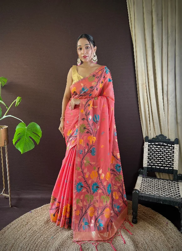 NOZ2TOZ Women's Party Wear Handloom Weaving Work Soft Cotton Saree With Unstitched Blouse - Peach Elegant Semi-Sheer Blouse NOZ2TOZ Women's Party Wear Handloom Weaving Work Soft Cotton Saree With Unstitched Blouse - Peach Elegant Semi-Sheer Blouse