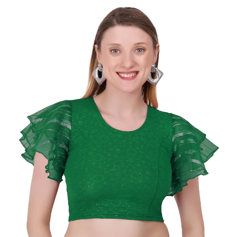 Vamika Crush Lycra Green Frill Sleeves Blouse Double-Layered Blouse