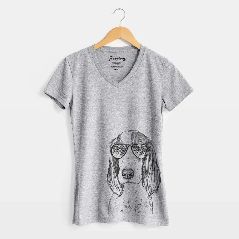 Aviator Aline the Irish Red and White Setter - Women's V-neck Shirt-- Sequined Glittery Shiny Aviator Aline the Irish Red and White Setter - Women's V-neck Shirt-- Sequined Glittery Shiny