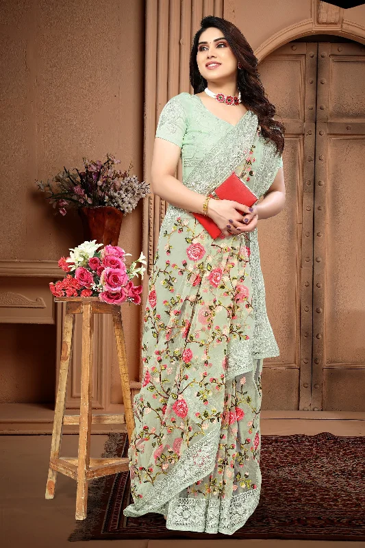 NOZ2TOZ Women's Party Wear Embroidery Worked Soft Net Saree With Unstitched Blouse - Pista Green Elegant Lace Blouse NOZ2TOZ Women's Party Wear Embroidery Worked Soft Net Saree With Unstitched Blouse - Pista Green Elegant Lace Blouse
