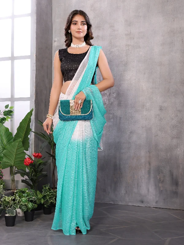 NOZ2TOZ Women's Party Wear Jari Weaving Worked Ready To Wear Saree With Unstitched Blouse - Sky Blue Gathered Detail Blouse NOZ2TOZ Women's Party Wear Jari Weaving Worked Ready To Wear Saree With Unstitched Blouse - Sky Blue Gathered Detail Blouse