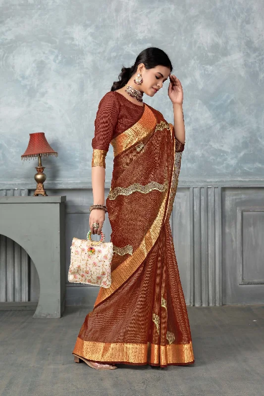 NOZ2TOZ Women's Party Wear Embroidery Worked Tissue Silk Saree With Unstitched Blouse - Red Office-Ready Blouse NOZ2TOZ Women's Party Wear Embroidery Worked Tissue Silk Saree With Unstitched Blouse - Red Office-Ready Blouse