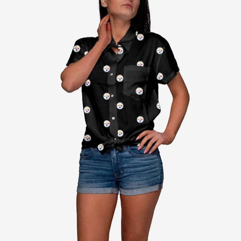 Pittsburgh Steelers Logo Blast Womens Button Up Shirt-- Front Pockets Side Pockets Patch Pockets Pittsburgh Steelers Logo Blast Womens Button Up Shirt-- Front Pockets Side Pockets Patch Pockets