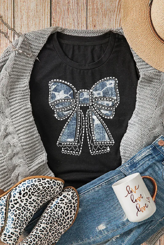 Black Rhinestone Bowknot Graphic Crewneck T Shirt-- Solid Color Striped Floral