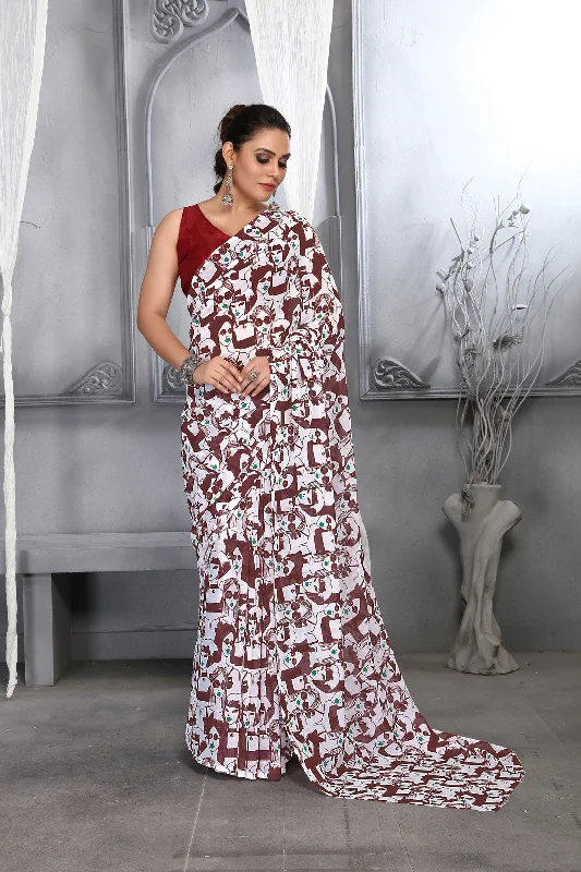 Sonakshi Women's Maroon Faux Georgette Digital Printed Designer Saree with Blouse Chic Off-Shoulder Blouse
