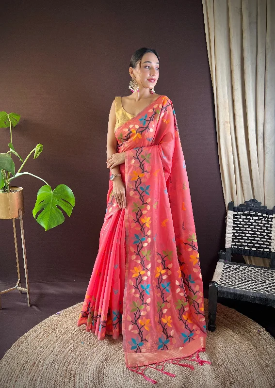 NOZ2TOZ Women's Party Wear Handloom Weaving Work Soft Cotton Saree With Unstitched Blouse - Peach Soft Pastel Blouse NOZ2TOZ Women's Party Wear Handloom Weaving Work Soft Cotton Saree With Unstitched Blouse - Peach Soft Pastel Blouse