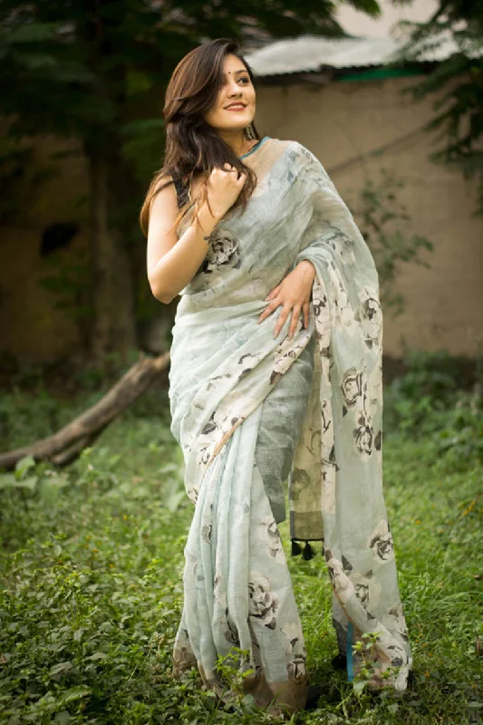 Sonakshi Grey Digital Printed Munnar Slub Designer Saree with Blouse Asymmetric Hem Blouse Sonakshi Grey Digital Printed Munnar Slub Designer Saree with Blouse Asymmetric Hem Blouse