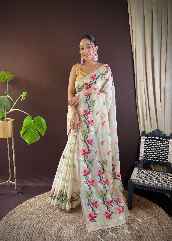 NOZ2TOZ Women's Party Wear Handloom Weaving Work Soft Cotton Saree With Unstitched Blouse - Cream Boho Printed Blouse NOZ2TOZ Women's Party Wear Handloom Weaving Work Soft Cotton Saree With Unstitched Blouse - Cream Boho Printed Blouse