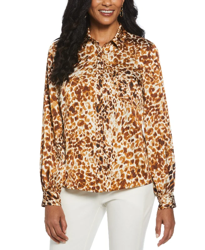 Animal Print Shine Puff Sleeve Blouse Versatile Layering Blouse