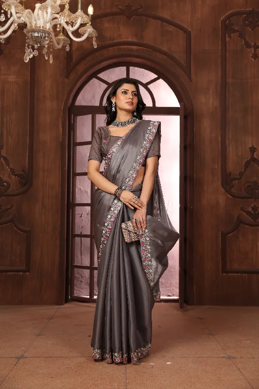 NOZ2TOZ Women's Party Wear Double Sequence Embroidery Worked Jimmy Choo Silk Saree With Unstitched Blouse - Coffee Cotton Casual Blouse NOZ2TOZ Women's Party Wear Double Sequence Embroidery Worked Jimmy Choo Silk Saree With Unstitched Blouse - Coffee Cotton Casual Blouse