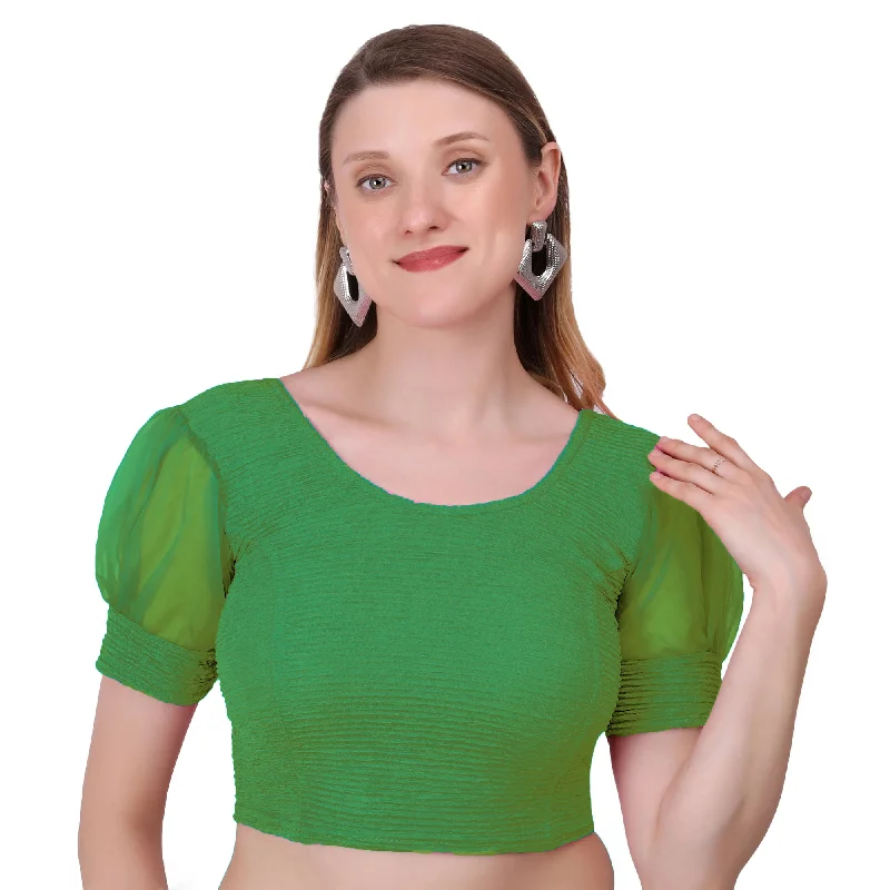 Vamika Cotton Lycra Stretchable Fabric Green Balloon Sleeves Blouse Sheer Mesh Blouse Vamika Cotton Lycra Stretchable Fabric Green Balloon Sleeves Blouse Sheer Mesh Blouse