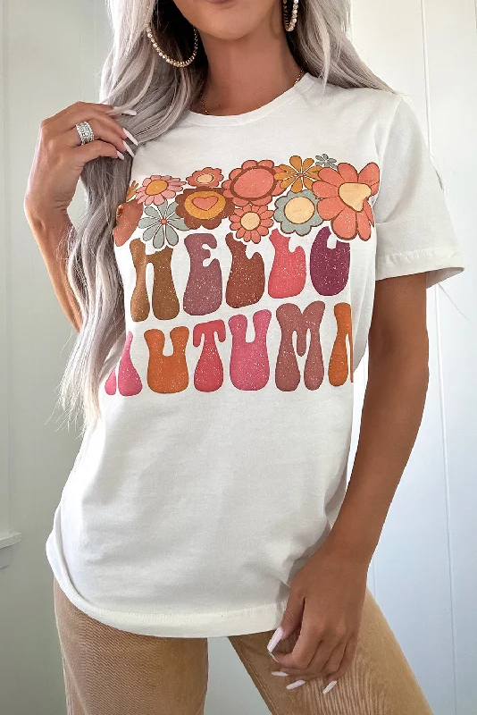 White Floral HELLO AUTUMN Printed Crewneck T Shirt-- Nylon Fabric Polyester Fabric Spandex Fabric White Floral HELLO AUTUMN Printed Crewneck T Shirt-- Nylon Fabric Polyester Fabric Spandex Fabric