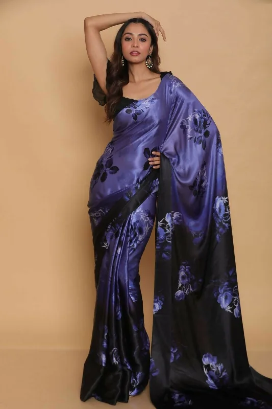 Sonakshi Blue Digital Printed Pure Japan Satin Saree with Blouse Feminine Tie Blouse Sonakshi Blue Digital Printed Pure Japan Satin Saree with Blouse Feminine Tie Blouse