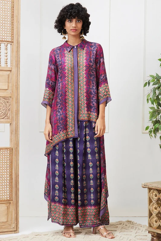 Adah Embroidered High-low Shirt With Pant-- Polka Dot Checkered Tartan