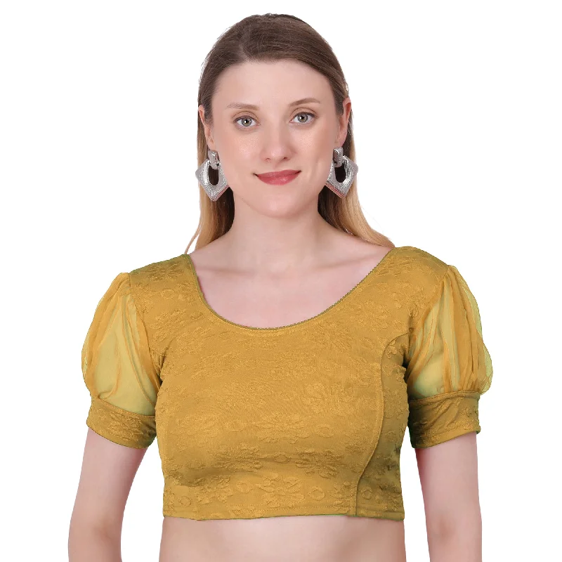Vamika Cotton Lycra Stretchable Fabric Gold Balloon Sleeves Blouse Bell Sleeve Blouse Vamika Cotton Lycra Stretchable Fabric Gold Balloon Sleeves Blouse Bell Sleeve Blouse