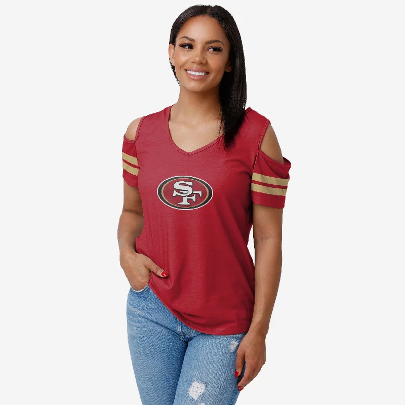San Francisco 49ers Womens Cold Shoulder T-Shirt-- Hooded Caped Shawl Collar