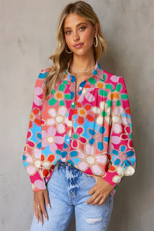 Lylah Floral Print Lantern Sleeve Collared Neck Shirt-- Elasticated Padded Insulated