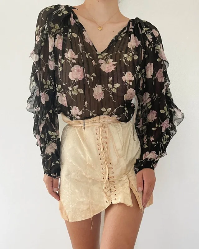 Sheer Floral Blouse Satin Drape Blouse