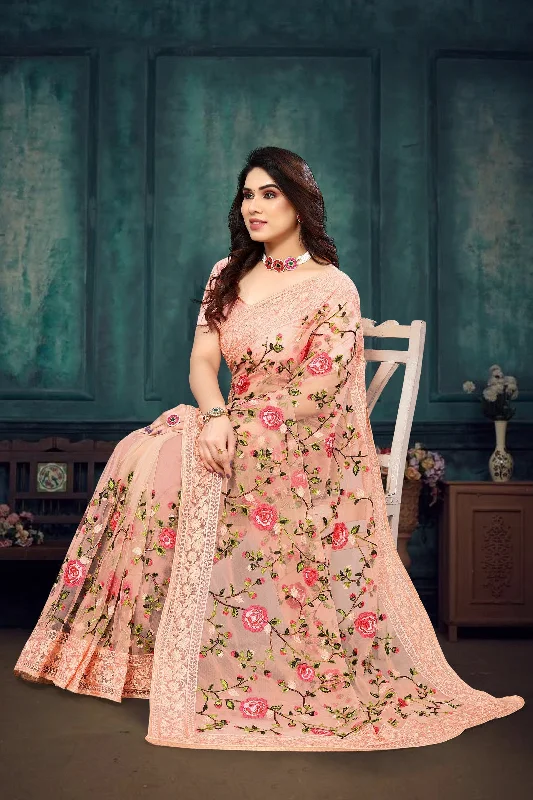 NOZ2TOZ Women's Party Wear Embroidery Worked Soft Net Saree With Unstitched Blouse - Peach Playful Puff Blouse NOZ2TOZ Women's Party Wear Embroidery Worked Soft Net Saree With Unstitched Blouse - Peach Playful Puff Blouse