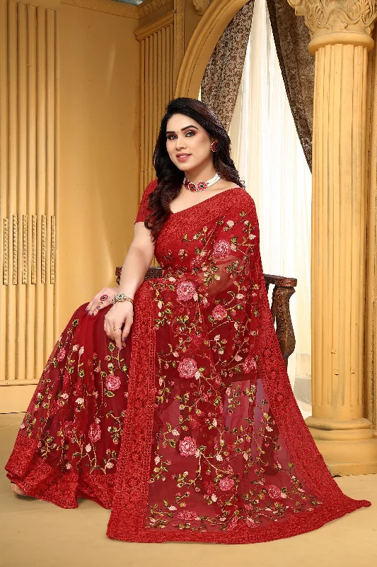 NOZ2TOZ Women's Party Wear Embroidery Worked Soft Net Saree With Unstitched Blouse - Red Pleated Collar Blouse NOZ2TOZ Women's Party Wear Embroidery Worked Soft Net Saree With Unstitched Blouse - Red Pleated Collar Blouse