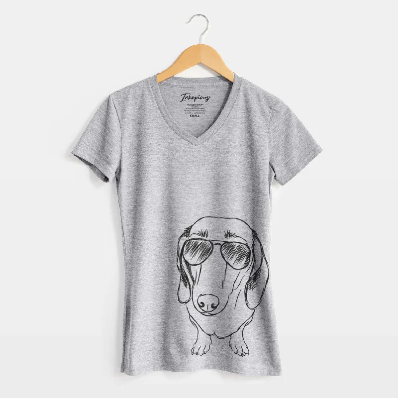 Aviator Annabelle the Dachshund - Women's V-neck Shirt-- Collared T-Shirt Boat Neck A-Line Aviator Annabelle the Dachshund - Women's V-neck Shirt-- Collared T-Shirt Boat Neck A-Line