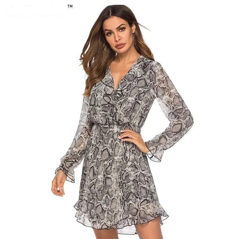 Snake Skin Print A-line Ruffle  V Neck Mini Dress Elegant Lace Mini Dress
