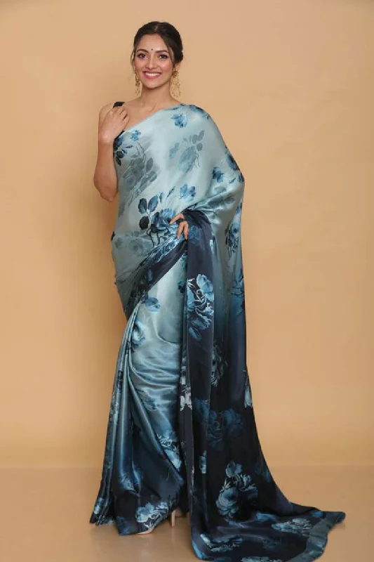 Sonakshi Blue Digital Printed Pure Japan Satin Saree with Blouse Office-Ready Blouse Sonakshi Blue Digital Printed Pure Japan Satin Saree with Blouse Office-Ready Blouse