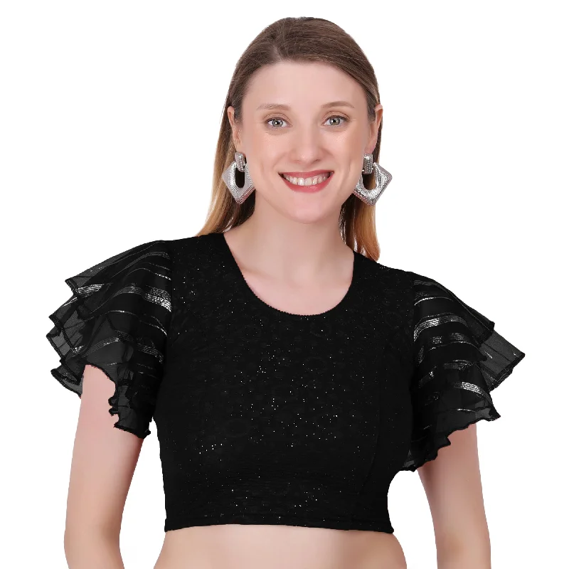 Vamika Crush Lycra Black Frill Sleeves Blouse Chic Square Blouse