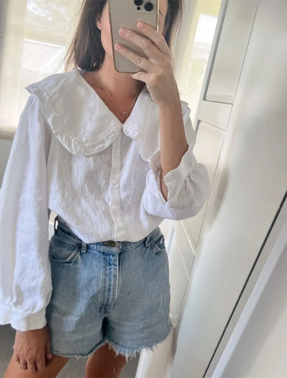 Emme Blouse in White Linen Ruched Sleeve Blouse