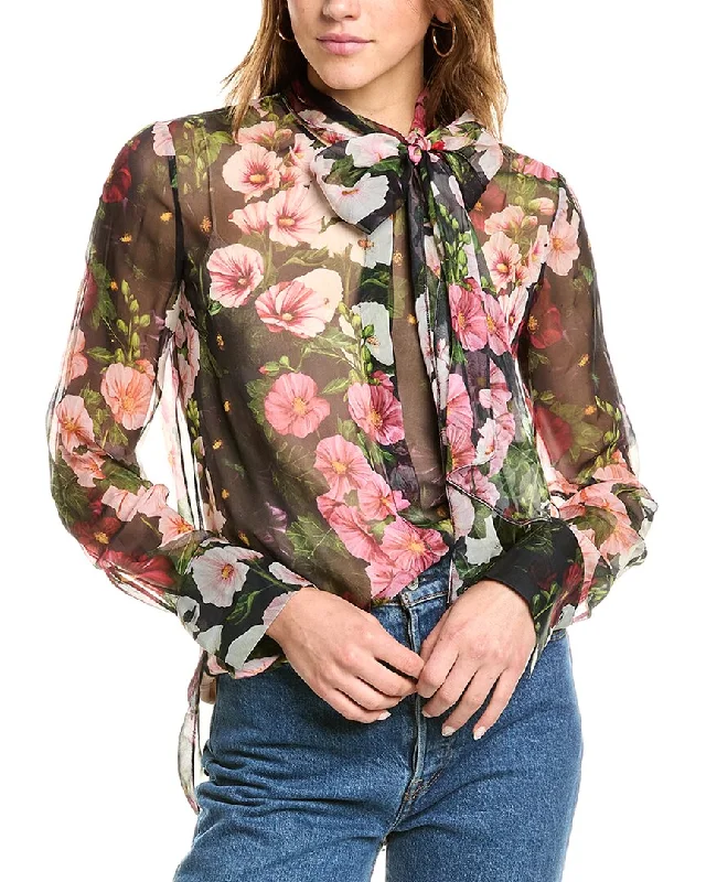 Oscar De La Renta Hollyhocks Silk Chiffon Blouse Loose Oversized Blouse