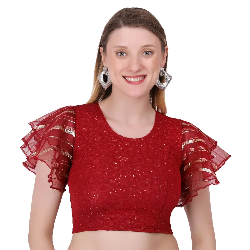 Vamika Crush Lycra Maroon Frill Sleeves Blouse Flowy Bohemian Blouse